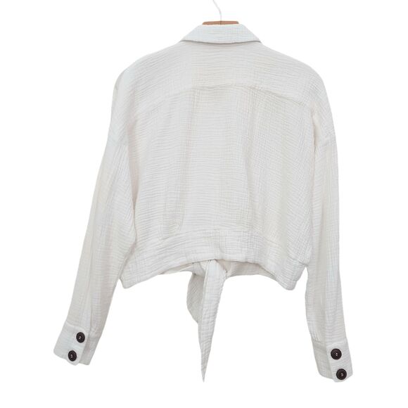 Free People Sun Streaks Top Womens Small White Boxy Gauzy Tie Front Button Up - Picture 8 of 12